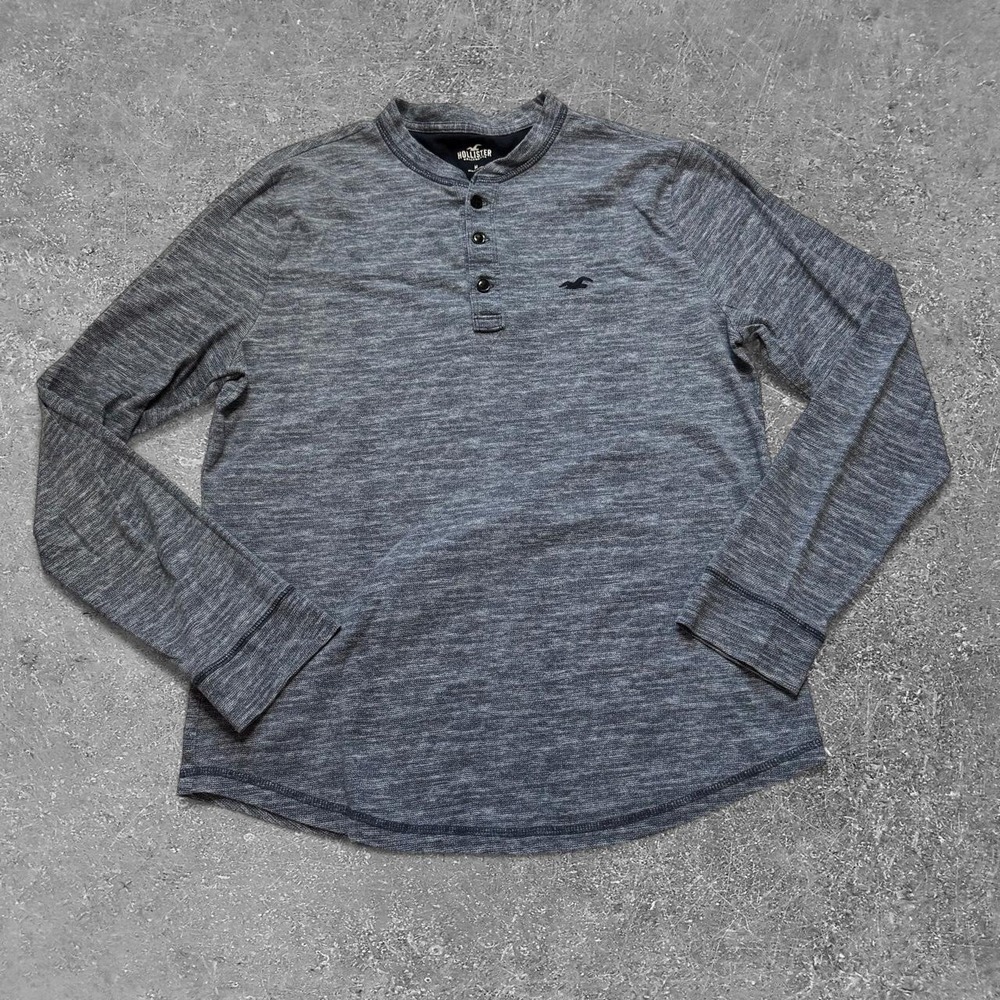 Hollister Mens Gray Heather Long Sleeve Henley Shirt Size M Preppy Logo